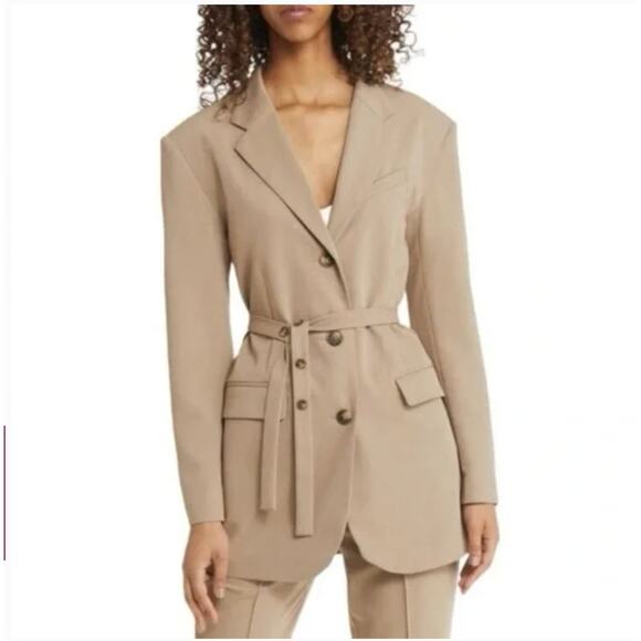 TopShop Belted Jacket Long Blazer 10 NWOT Tan Khaki Jacket Women's Academia Corp - Picture 3 of 9